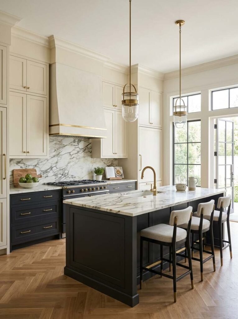 Two-tone kitchen design featuring cream upper cabinets and dark charcoal lower cabinets and island with brass pendant lights.