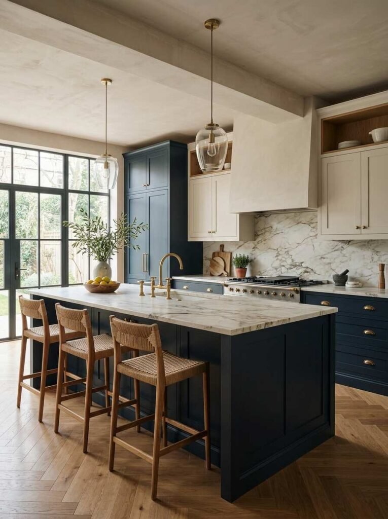 Elegant two-tone kitchen cabinetry design combining navy blue lower cabinets and island with warm cream upper cabinets and brass hardware.