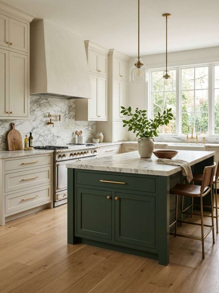 Warm cream cabinetry and a deep olive green island upgraded with polished brass bar pulls and matching brass knobs.