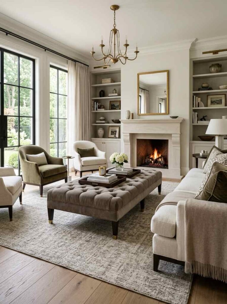 Deep button-tufted grey velvet ottoman used as a central coffee table, topped with wood decor trays, surrounded by soft velvet armchairs and a classic chandelier