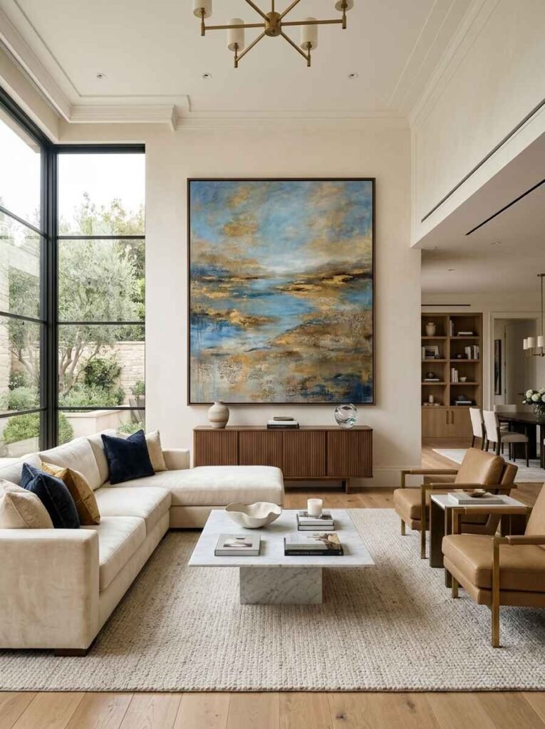 High-ceiling living room featuring an oversized blue and gold abstract canvas painting framed above a fluted walnut sideboard console