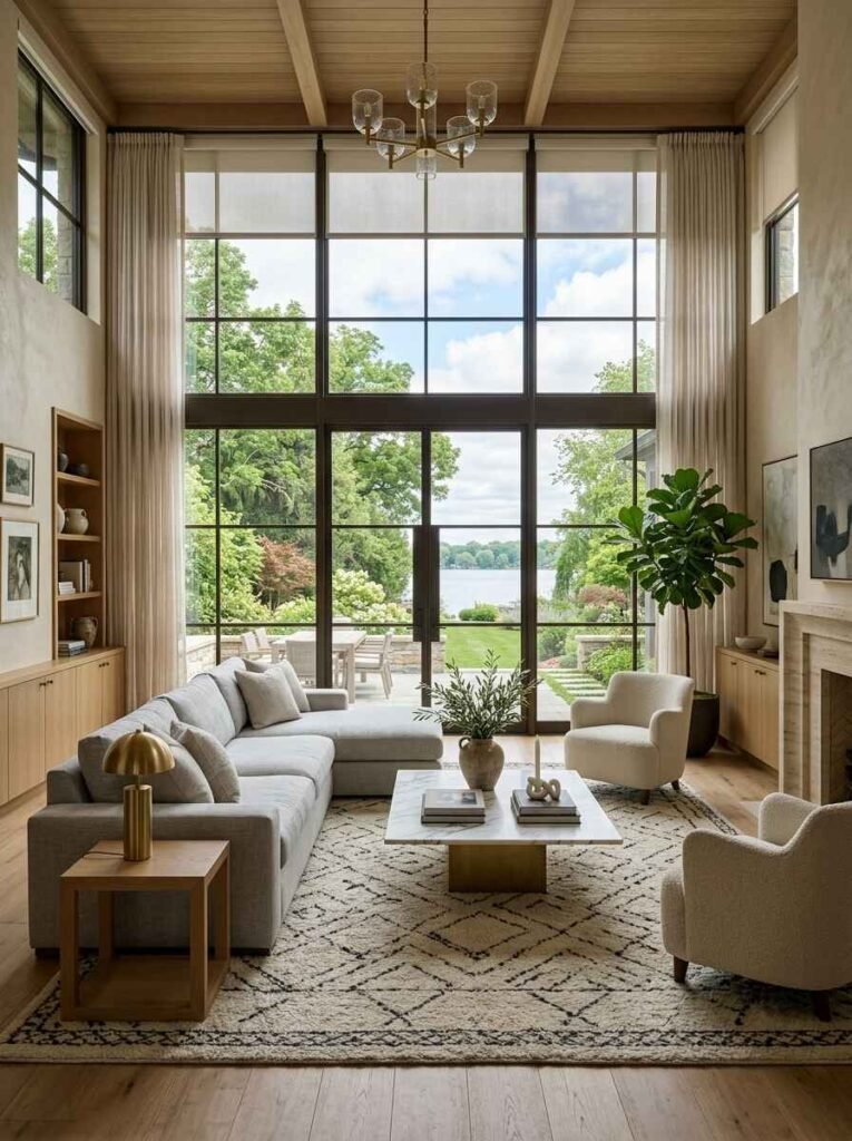 High-ceiling luxury living room illuminated by double-height floor-to-ceiling glass windows framing outdoor garden views