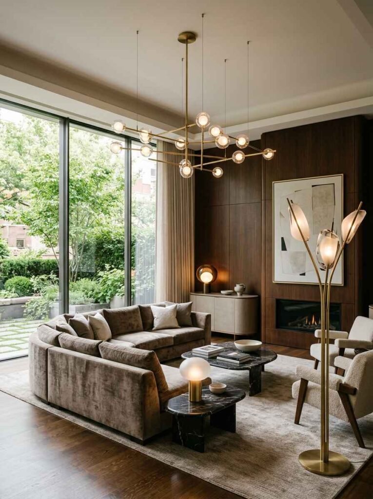 High-end modern living room featuring a multi-globe brass branch chandelier and a matching glass floor lamp serving as statement art pieces
