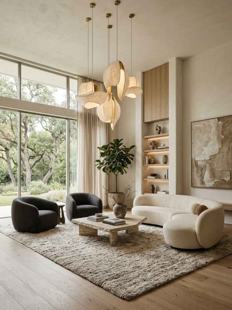 Organic brass and linen sculptural pendant lights suspended over a modern luxury seating area.