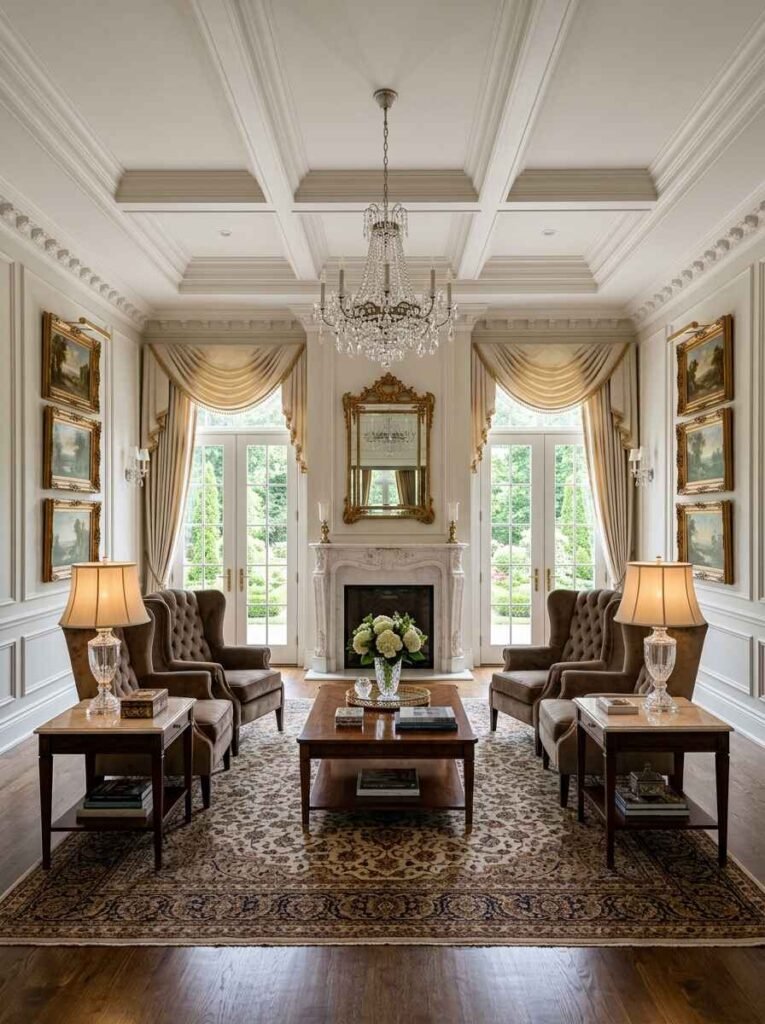 Formal luxury living room arranged in perfect symmetry with twin tufted velvet wingback chairs, matching end tables with crystal lamps, and a central marble fireplace