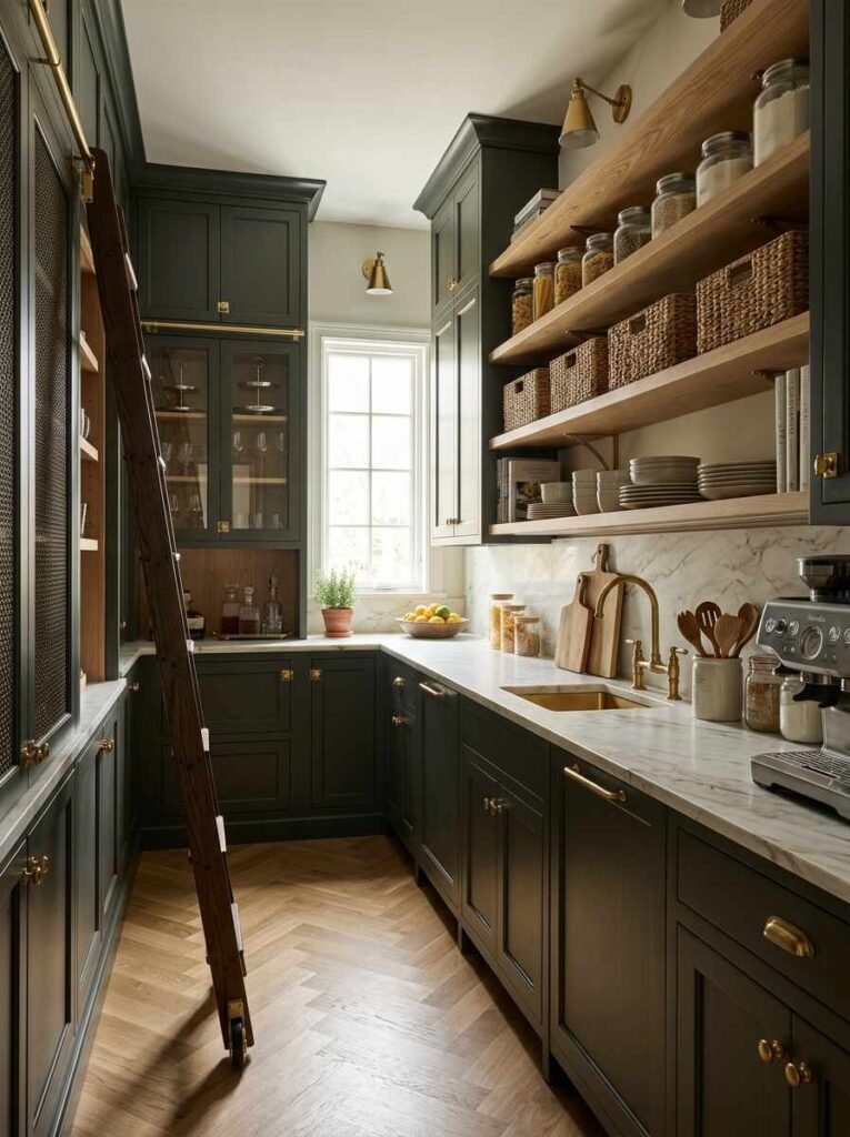 Elegant walk-in butler's pantry with dark green cabinetry, open oak shelving, brass hardware, marble counters, and a rolling library ladder.