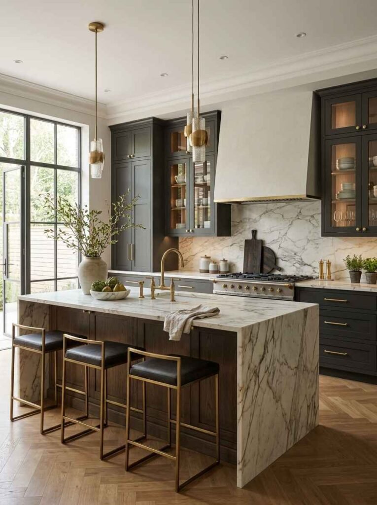 Luxury kitchen featuring warm brass hardware accents, a brass gooseneck faucet, brass pendant lights, and dark charcoal cabinetry.