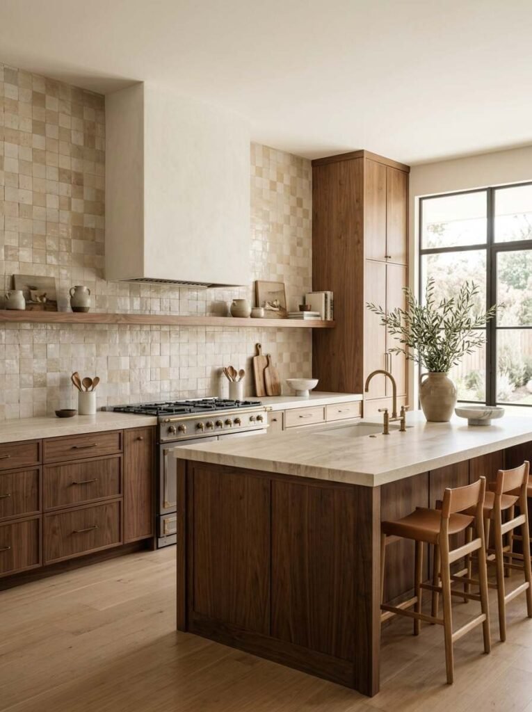 Warm beige and sand square ceramic backsplash tiles set behind a walnut floating shelf and rich walnut kitchen cabinetry