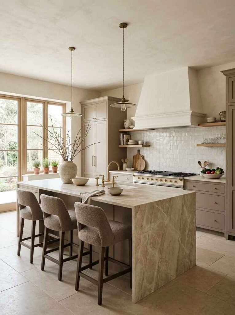 Warm neutral luxury kitchen design featuring mushroom taupe cabinetry, a beige travertine waterfall island, and zellige tile backsplash.