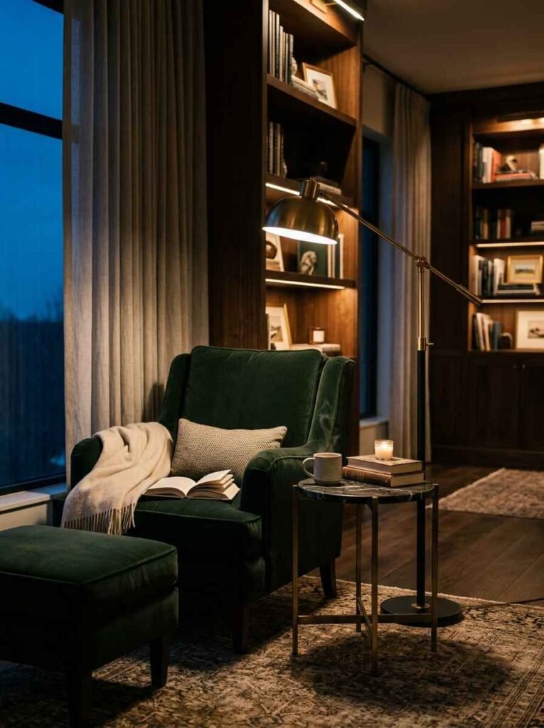 Adjustable brass task floor lamp positioned beside a velvet armchair in a luxury living room reading corner.