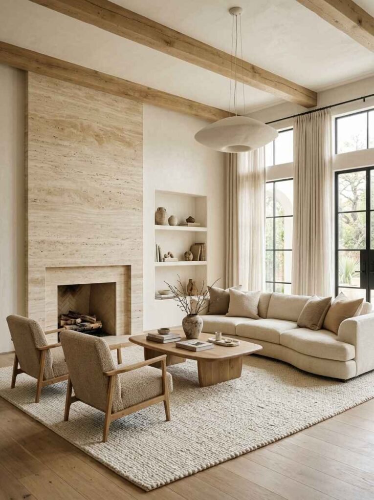 Warm contemporary living room with a full-height travertine stone fireplace surround, exposed wood ceiling beams, and a beige curved sofa.