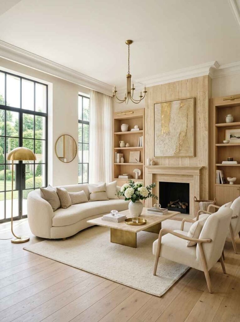 Airy living room with warm white walls, curved cream bouclé sofa, travertine fireplace surround, light oak shelving, and brass floor lamp. (luxury living room color ideas)