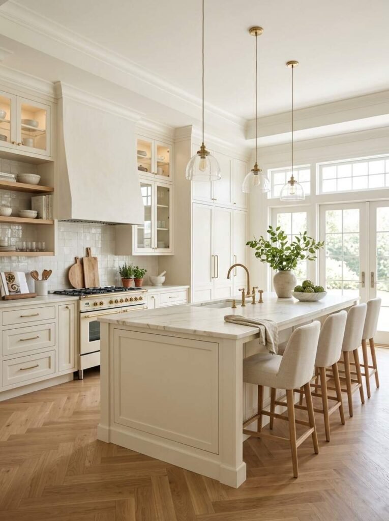 Bright warm cream custom kitchen cabinetry featuring a matching cream island, zellige tile backsplash, and brass gooseneck faucet.