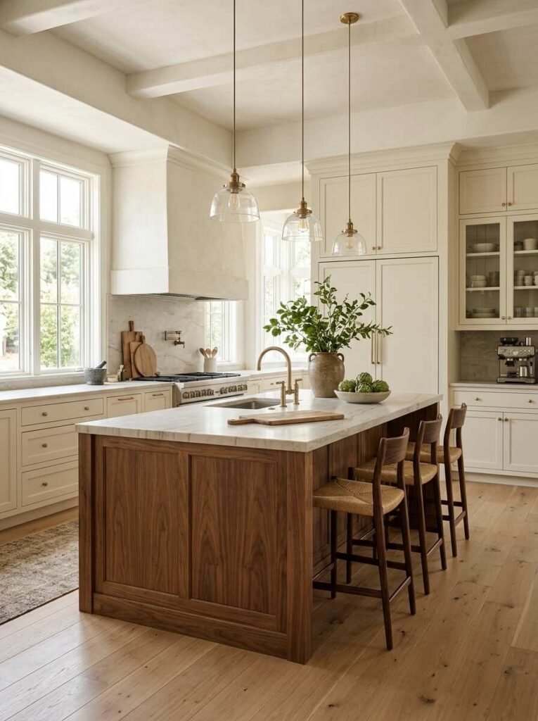 Rich walnut wood kitchen island paired with a light marble top, brass faucet, woven bar stools, and warm cream perimeter cabinetry.