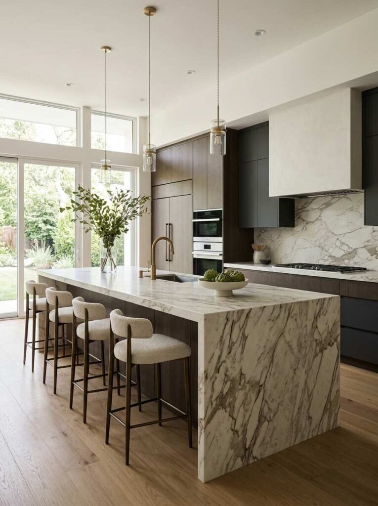 Calacatta marble waterfall edge kitchen island with cascading veining, dark wood base, brass gooseneck faucet, and bouclé counter stools.