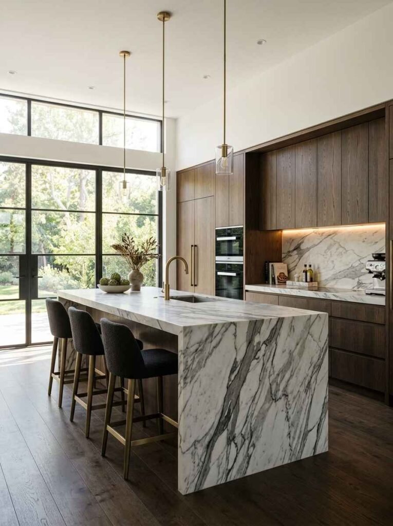 Cascading calacatta marble waterfall kitchen island with bold veining, brass pendant lights, and dark wood cabinetry.