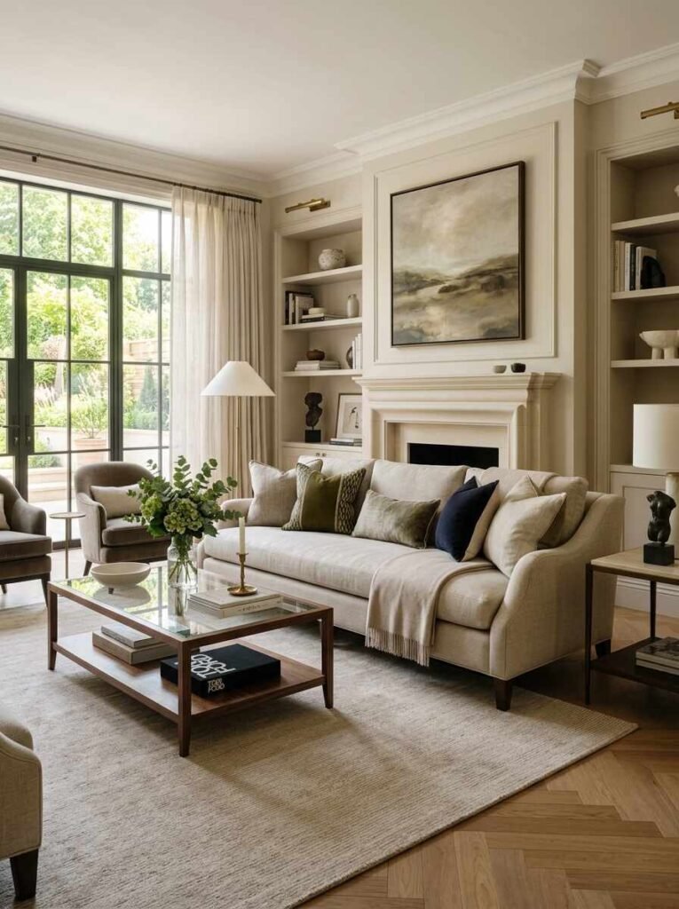 Tailored beige linen sofa adorned with olive and navy accent pillows, placed in front of a stone fireplace with a glass and wood coffee table. (luxury living room furniture ideas)