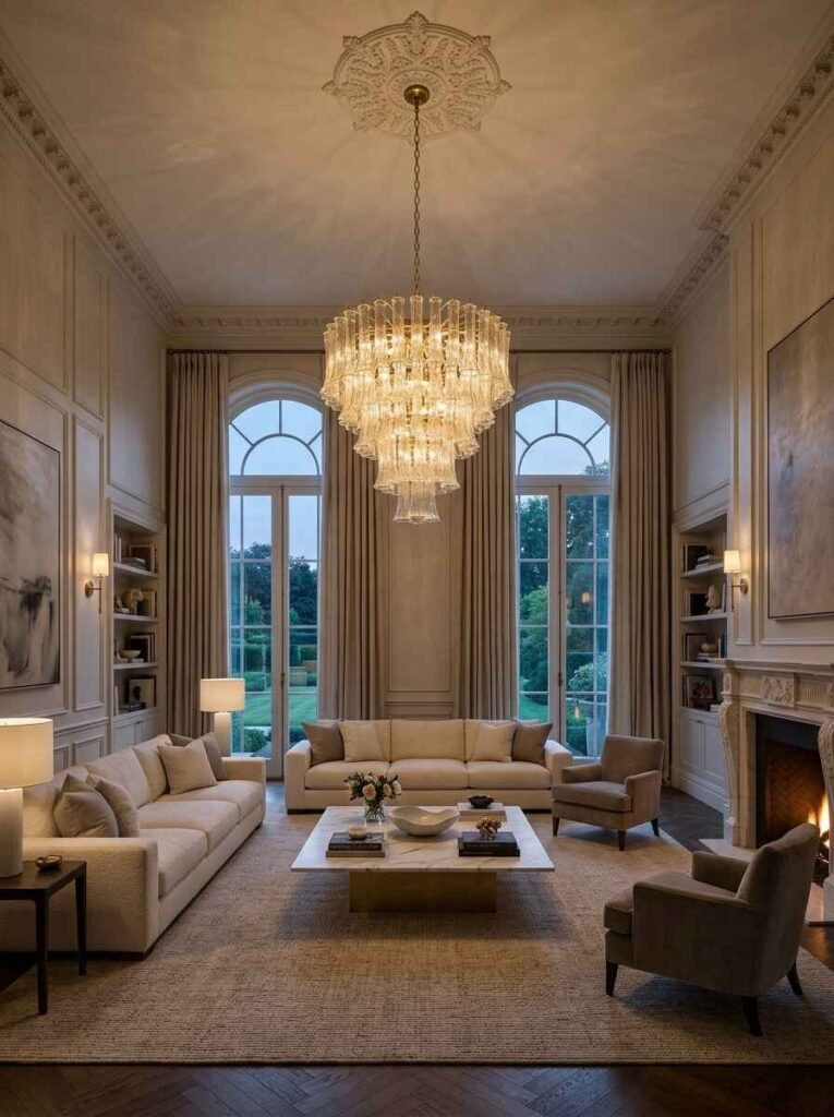 Grand multi-tiered glass chandelier hanging from an ornate ceiling medallion in a formal high-ceiling luxury living room.