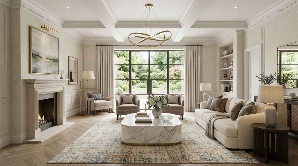 Bright luxury living room featuring coffered white ceilings, warm cream walls, a plush beige sofa, marble plinth coffee table, and large black grid window overlooking a garden.