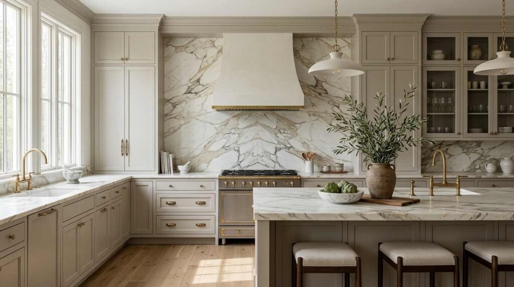 Book-matched Calacatta marble slab backsplash extending behind a plaster range hood, greige Shaker cabinetry, and a matching marble waterfall kitchen island.
