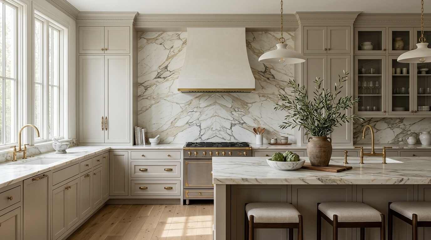 Book-matched Calacatta marble slab backsplash extending behind a plaster range hood, greige Shaker cabinetry, and a matching marble waterfall kitchen island.