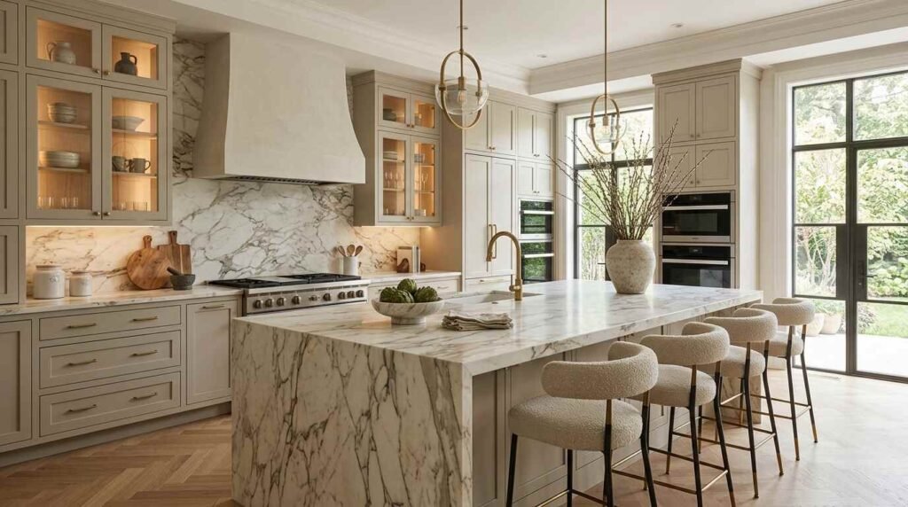 Open-concept luxury kitchen with an expansive marble waterfall island, brass hardware, warm greige cabinetry, and glass-front display cabinets.