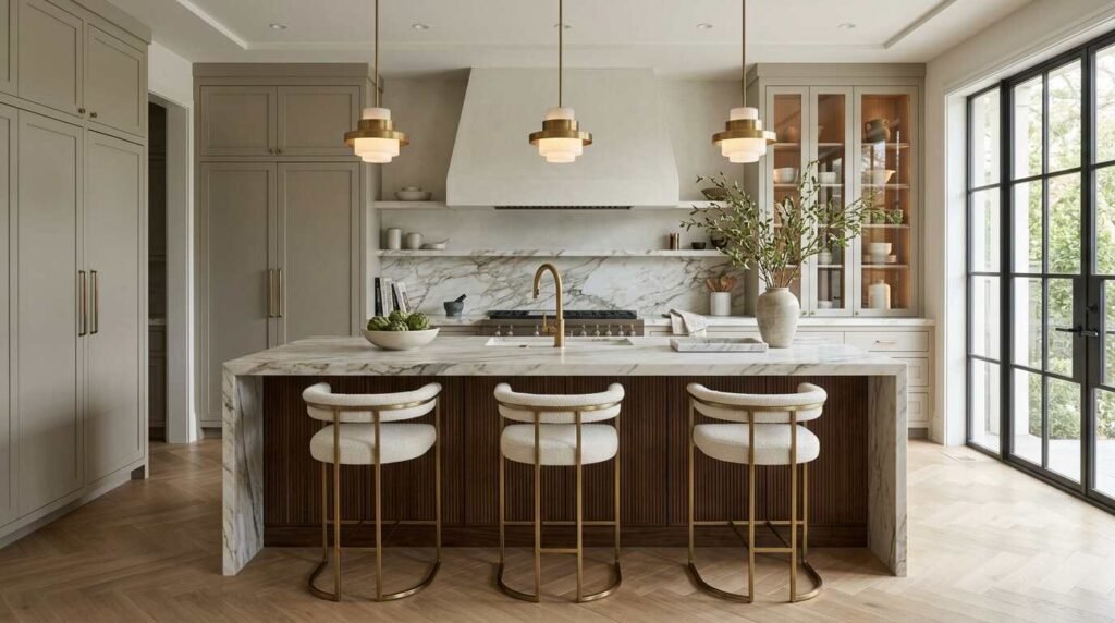 Symmetrical luxury kitchen featuring a fluted wood island, marble waterfall top, brass pendant lights, and bouclé bar stools.