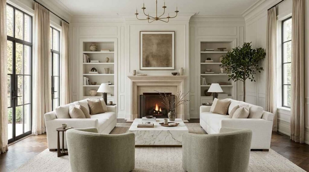 Luxury living room featuring a traditional stone fireplace flanked by custom built-in bookshelves, cream sofas, and a marble coffee table under warm natural light.