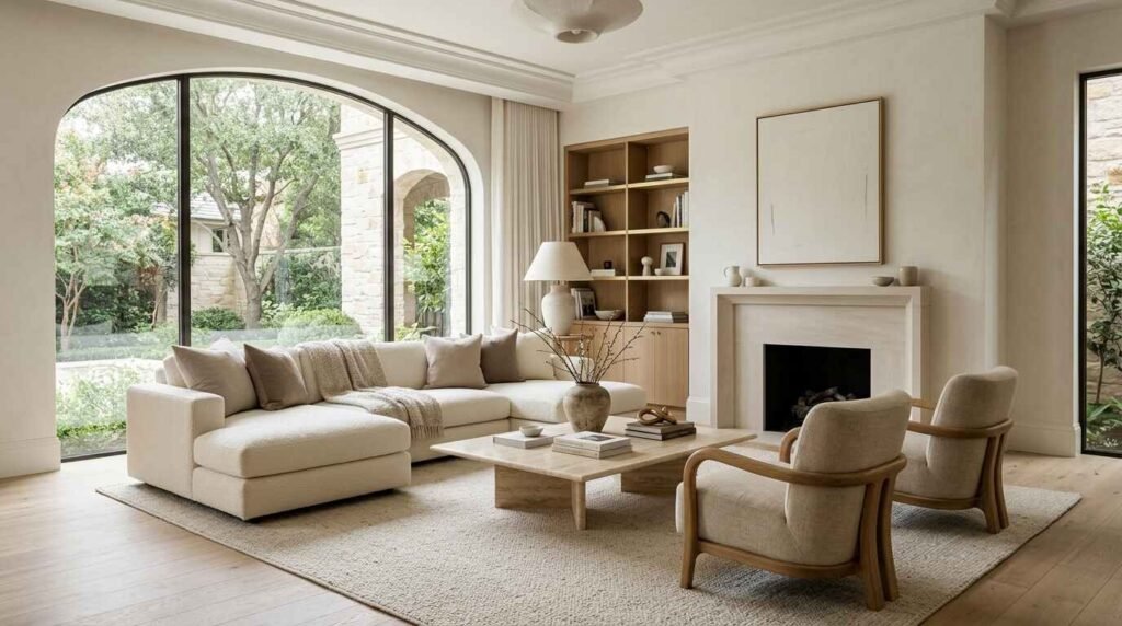 Bright luxury living room with large arched windows, a cream L-shaped sectional sofa, low travertine coffee table, and wood-framed armchairs near a stone fireplace