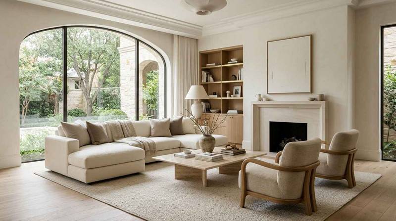 Bright luxury living room with large arched windows, a cream L-shaped sectional sofa, low travertine coffee table, and wood-framed armchairs near a stone fireplace