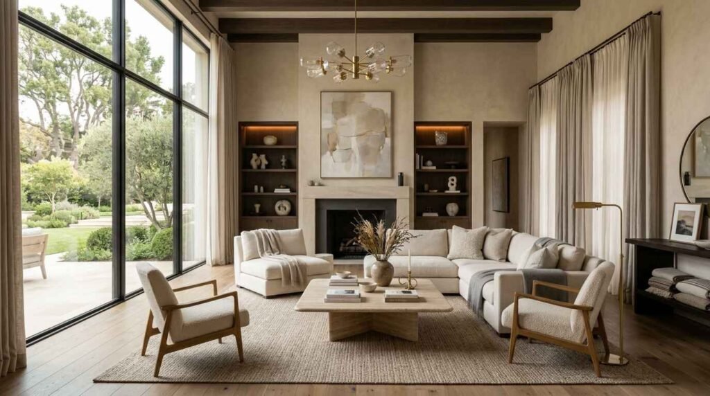 Bright, expansive luxury living room featuring floor-to-ceiling black grid windows, a cream sectional sofa, dark wood ceiling beams, and a central travertine coffee table.