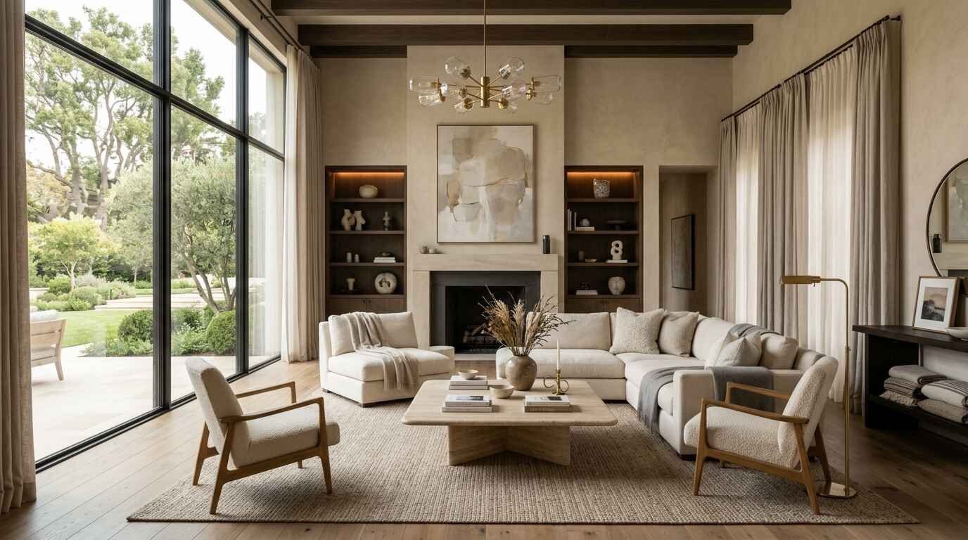 Bright, expansive luxury living room featuring floor-to-ceiling black grid windows, a cream sectional sofa, dark wood ceiling beams, and a central travertine coffee table.