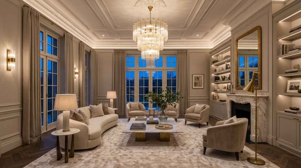 Layered luxury living room lighting featuring a tiered glass chandelier, warm wall sconces, and subtle perimeter cove lighting.