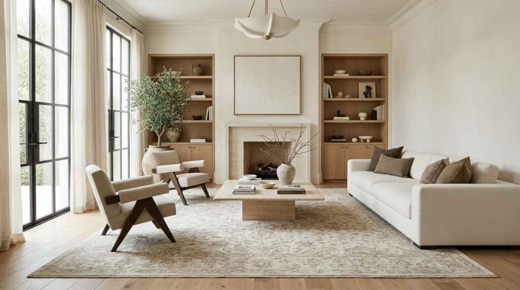 Expansive luxury living room featuring a large subtle patterned area rug under cream sofas and warm oak flooring.