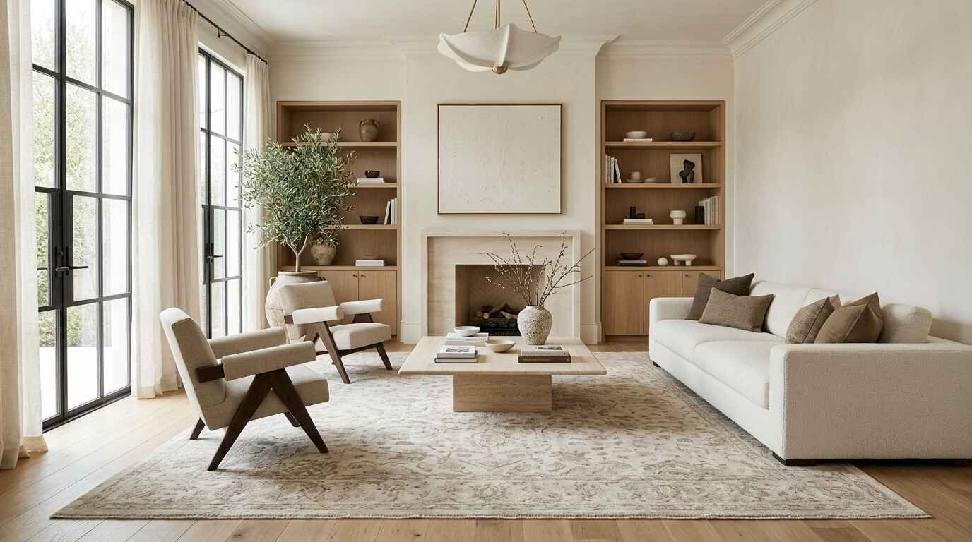 Expansive luxury living room featuring a large subtle patterned area rug under cream sofas and warm oak flooring.